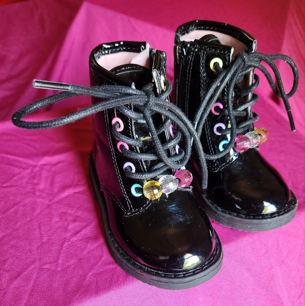 The Children's Place Black and Pink Combat Boots with Glossy Finish - Picture 10 of 11